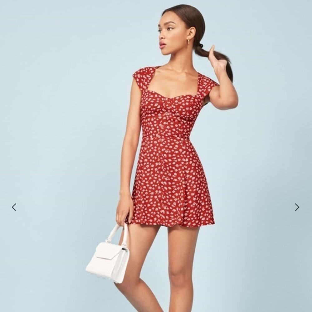 NWOT Reformation Red Floral Print Mini Dress US 4 Coquette Romantic Ditsy